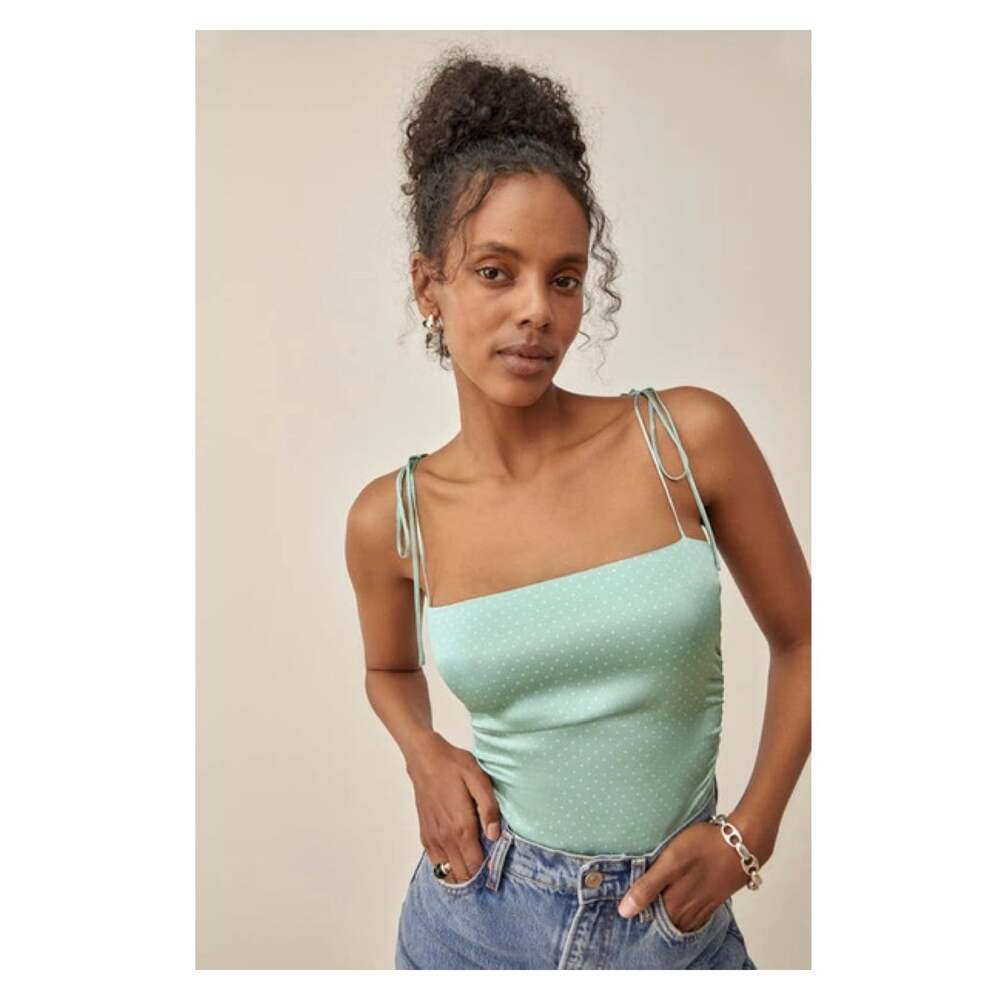 Reformation Lucrezia Teal Green Smocked Polka Dot Silk Charmeuse Top Sz.12 NWT